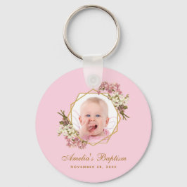 Porte-clés Baptême Rose Girl Photo Floral Orchids Gold Cross