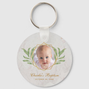 Porte-clés Baptism Greenery Photo Botanical Geometric Marble