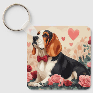Porte-clés Basset Hound avec des Roses - Saint-Valentin 