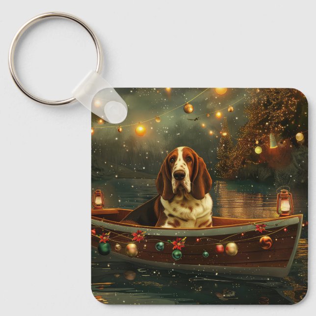 Porte-clés Basset Hound Noël Festive Voyage (Recto)