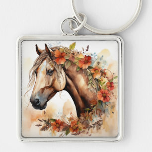 Porte-clés Beau Cheval aux jolies fleurs Aquarelle