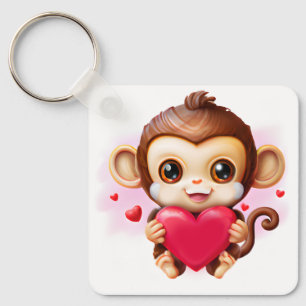 Porte-clés Bébé adorable singe tenant un coeur rouge