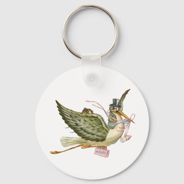 Porte-clés BÉBÉ EN STORK DOUCHE FILLE rose blanc (Recto)