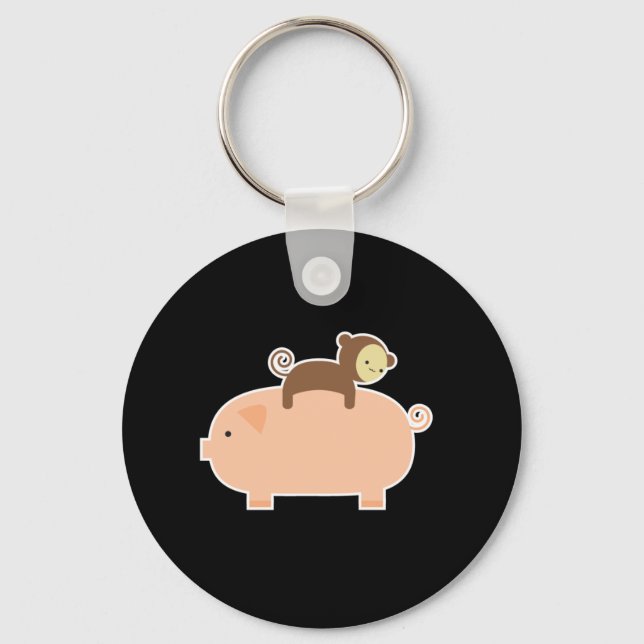 Porte-clés Bébé singe équitation sur un cochon (Recto)