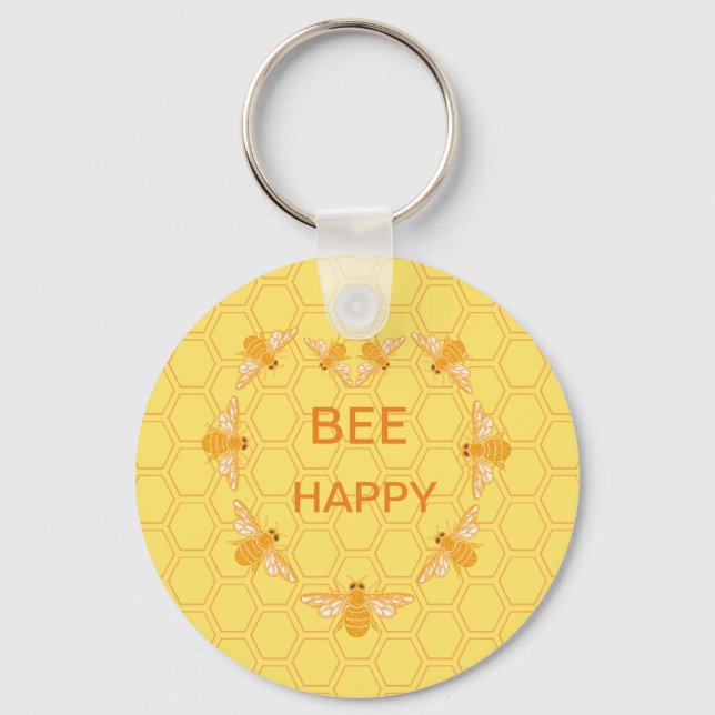 Porte-clés Bee Happy miel abeilles sur nid d'abeille jaune (Recto)