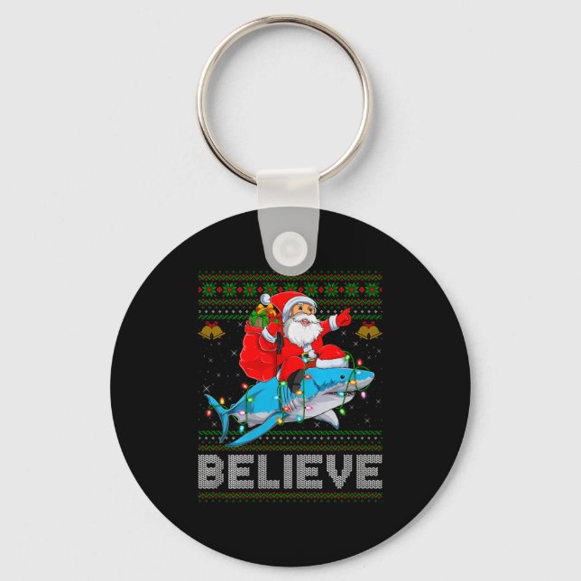 Porte-clés Believe Xmas Funny Santa Riding Shark Ugly Christm (Recto)