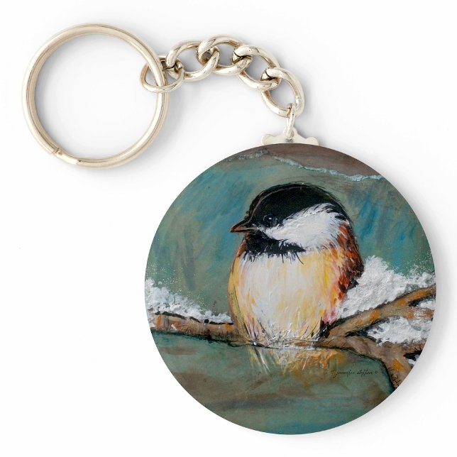 Porte-clés Belle Chickadee Chanson d'hiver Peinture d'oiseaux (Cute Chickadee Bird Art keychain from Jenn's Emporium. )