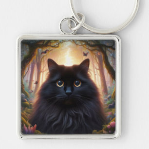 Porte-clés Belle Fluffy Chat Noir avec yeux or