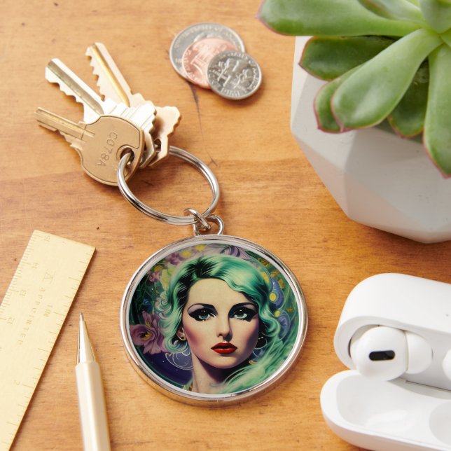 Porte-clés Belle Lavande & Green Retro Style Space Woman (Bureau)