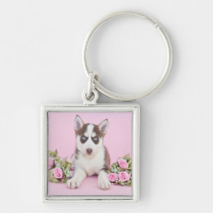 Porte-clés Belle marionnette Husky aux roses roses roses