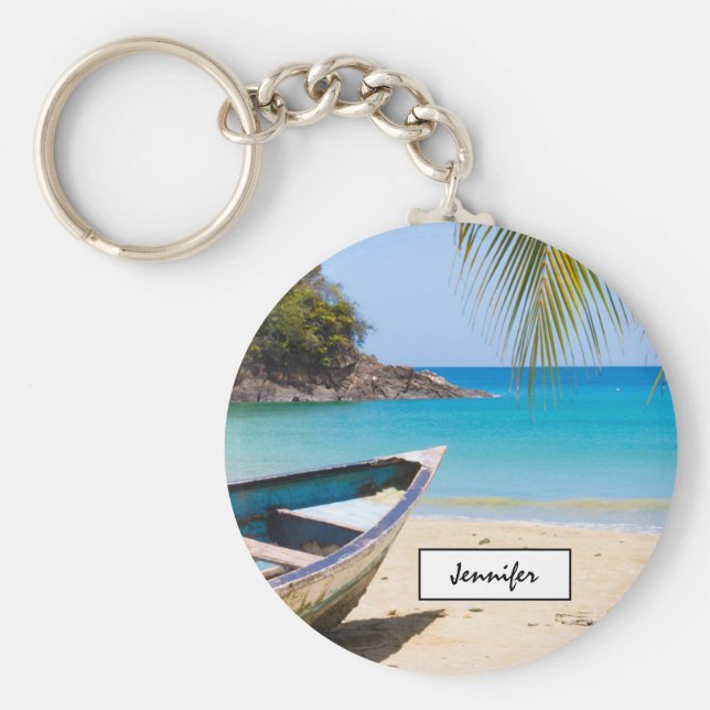 Porte-clés Belle plage tropicale avec bateau à rames (Devant)