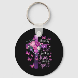 Porte-clés Béni Par Dieu Sauvé Par Jésus Croix Florale Violet