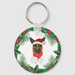 Porte-clés Berger allemand Aquarelle Branches de pin de Noël