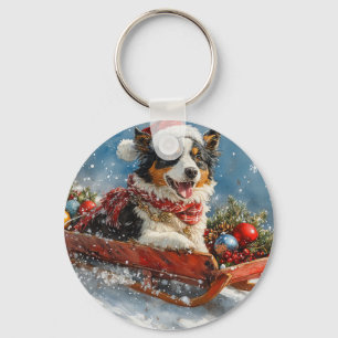 Porte-clés Berger Australien en traîneau Noël