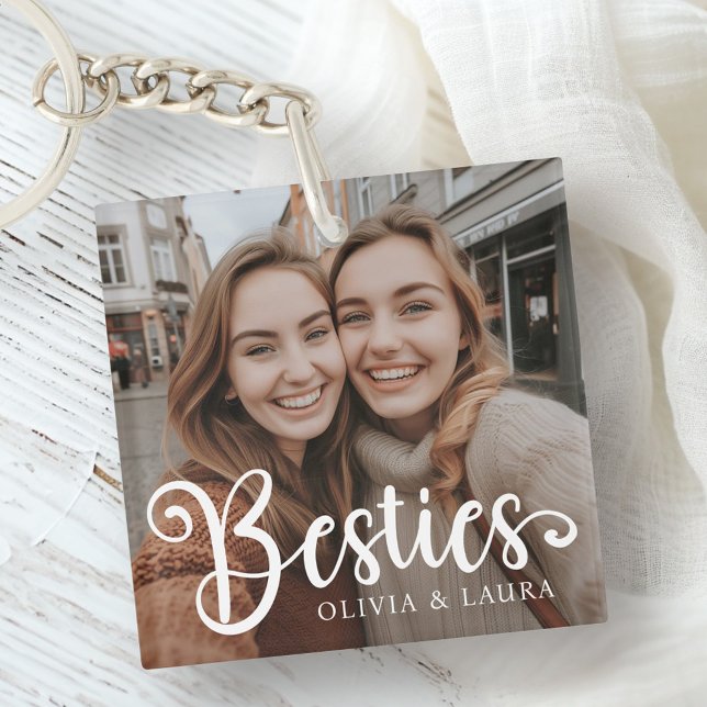 Porte-clés Besoins meilleurs amis personnalisation noms photo (Besties best friends custom names photo keychain)