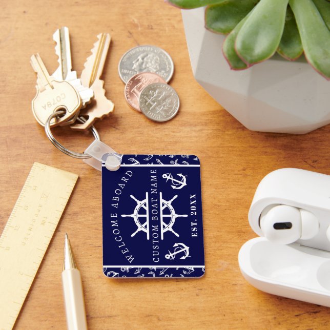 Porte-clés Bienvenue à bord de l'ancre de bateau bleu marine  (Bureau)