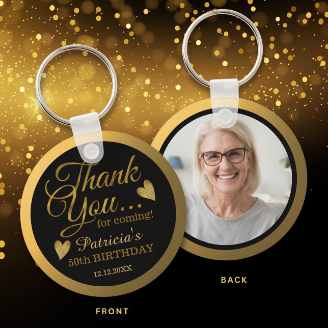 Porte-clés Black And Gold 50th Birthday Guest Thank You Photo (Créateur téléchargé)