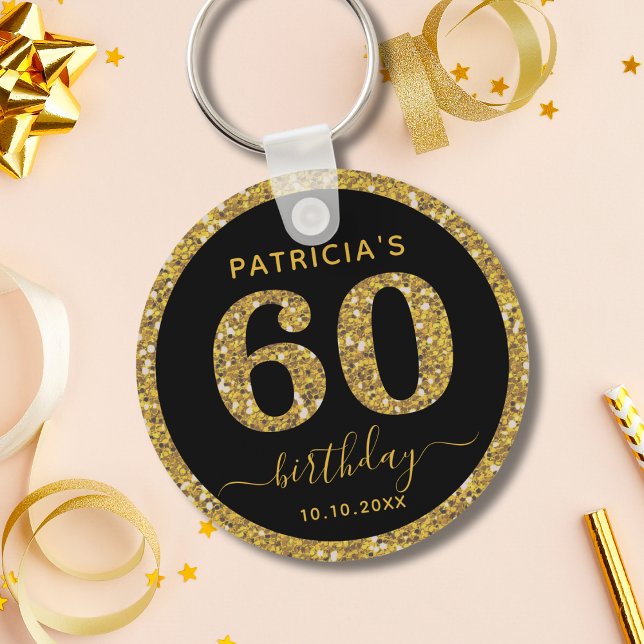 Porte-clés Black And Gold Glitter 60th Birthday Party Favor   (Créateur téléchargé)