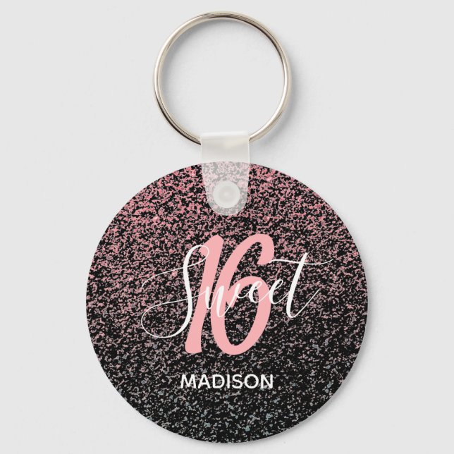 Porte-clés Black Blush Rose Parties scintillant Sweet 16 Nom  (Recto)