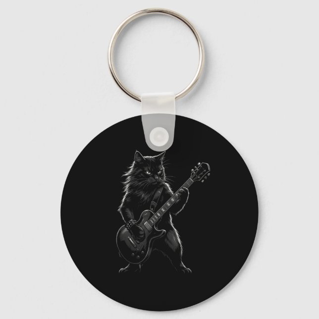 Porte-clés Black Cat Playing Electric Guitar Gothic Rocker  (Recto)