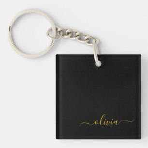 Porte-clés Black Gold Modern Script Girl Monogramme Nom