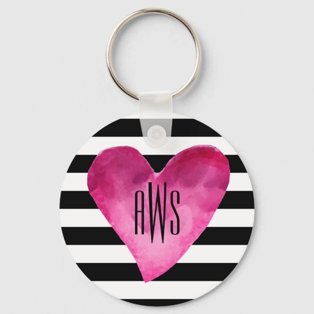 Porte-clés Black + White Stripes Aquarelle Monogramme du coeu (Recto)