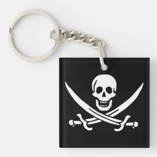 Porte-clés Blanc, Drapeau Pirate Calico Jack, Crâne & Cutlass