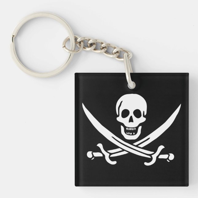 Porte-clés Blanc, Drapeau Pirate Calico Jack, Crâne & Cutlass (Devant)