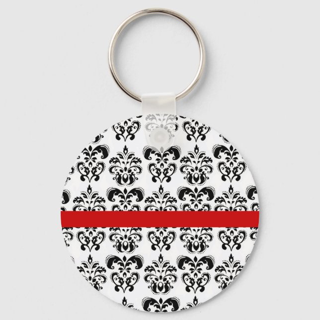 PORTE-CLÉS BLANC NOIR DOMMASQUE FLORAL RED STRIPE (Recto)