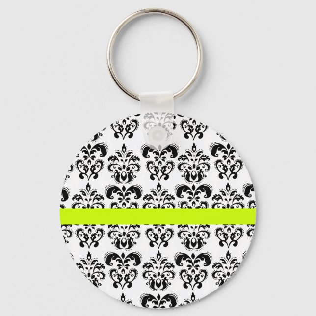 PORTE-CLÉS BLANC NOIR DOMMASQUE FLORALE VERT JAUNE FRIPE (Recto)