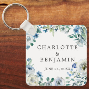 Porte-clés Bleu blanc pivoine Floral Custom Printemps Mariage