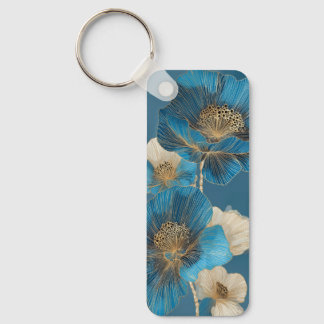 Porte-clés Bleu botanique Ligne dorée Art Poppy Floral