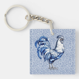 Porte-clés Bleu Delft Et Poulet Blanc Rooster