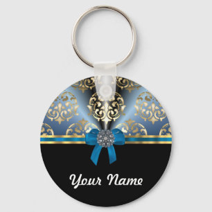 Porte-clés Bleu et or damassé