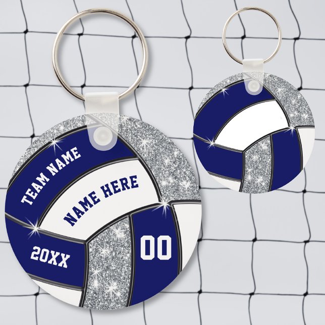 Porte-clés Bleu marine, Blanc, Argent, Cadeaux de volley-ball (Volleyball keychains. Cheap Volleyball Team Gifts. Volleyball bag tags, backpack tags. End of Season)