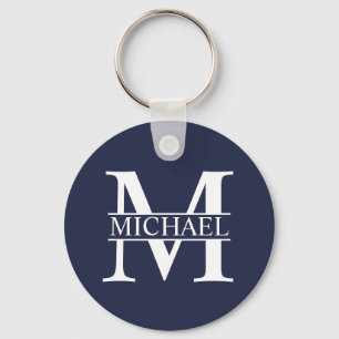 Porte-clés Bleu marine Monogramme personnalisé et nom