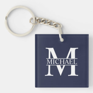 Porte-clés Bleu marine Monogramme personnalisé et nom