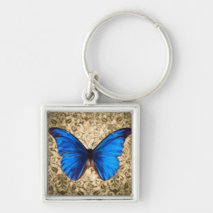 Porte-clés Bleu Monarque papillon damassé art Vintage