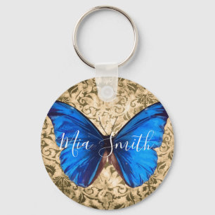 Porte-clés Bleu monarque papillon damassé nom personnel