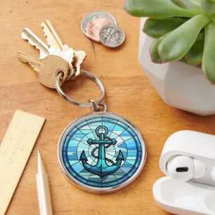 Porte-clés Bleu nautique Ancre verre