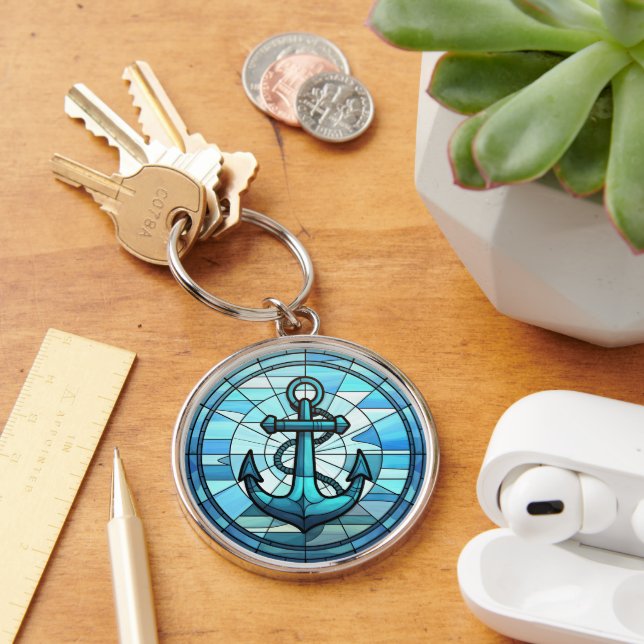 Porte-clés Bleu nautique Ancre verre (Bureau)