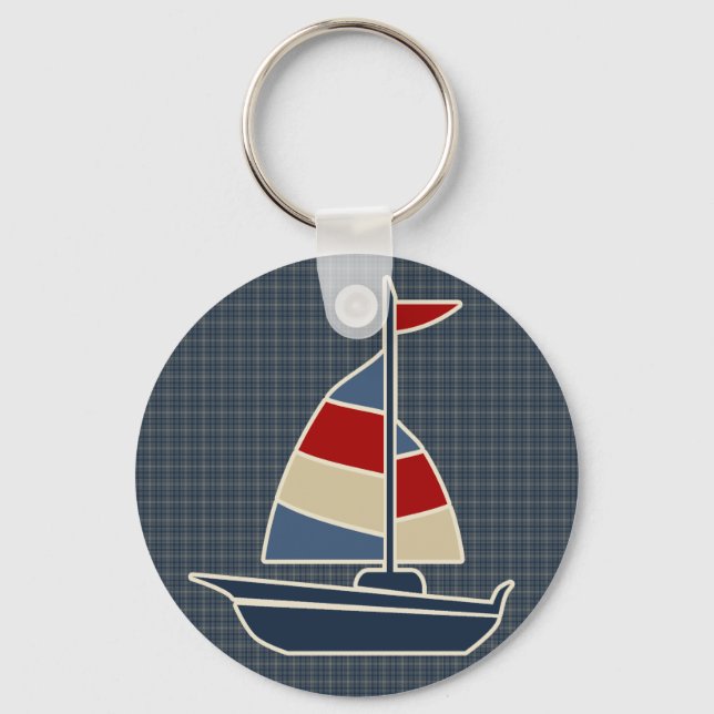 Porte-clés Bleu nautique, Rouge, Crème Voilier Personnalisé (Recto)