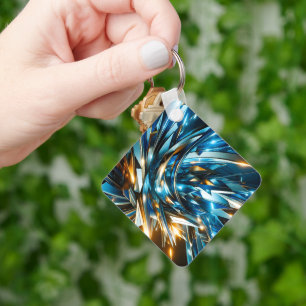 Porte-clés Bleu Or Abstrait Métallique Géométrique Futuriste