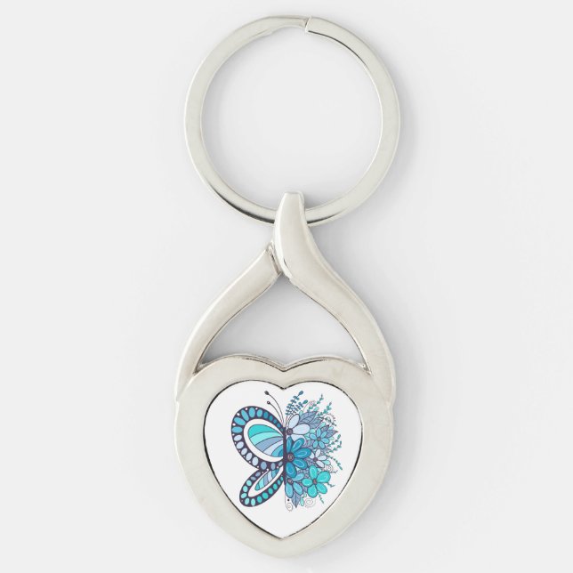 Porte-clés Bleu Papillon Fleur Coeur Clavier (Devant)