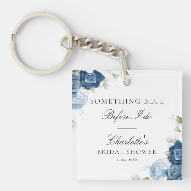 Porte-clés Bleu Poussiéreux Floral Script Aquarelle Objet de  (Devant)