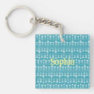 Porte-clés Bleu scandinave avec fleurs blanches Editable