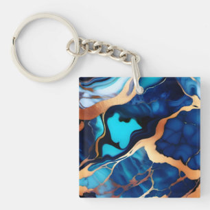 Porte-clés Bleu tendance en or faux marbre