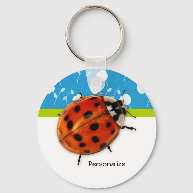 Porte-clés Bleu tendance Ladybug Floral avec nom (Recto)