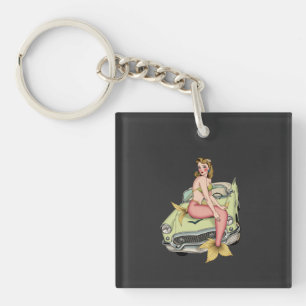 Porte-clés Blonde Mermaid on Vintage Green Car Watercolor Ill