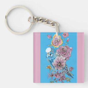 Porte-clés Blue Budgie Cute Whimsical Rose filles Bleues